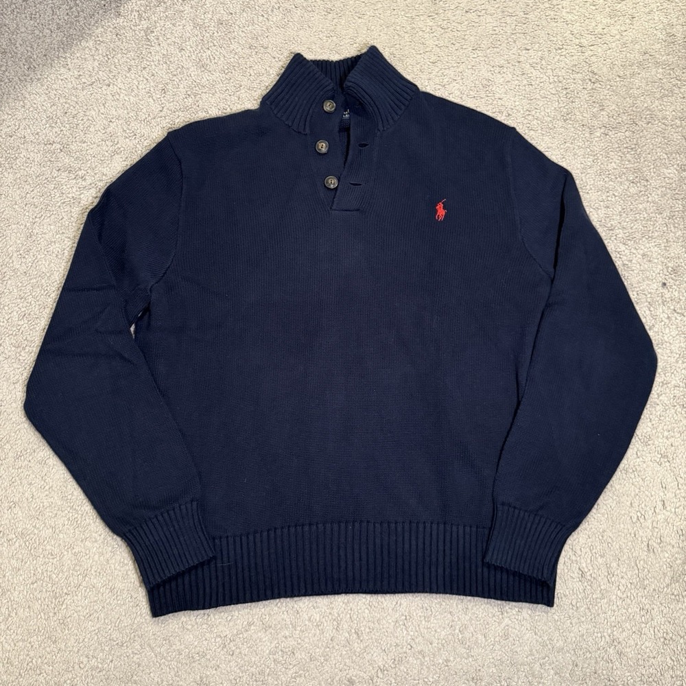 Ralph Lauren Mens L Navy Blue Henley Mock Neck‎ Knit Cotton Sweater